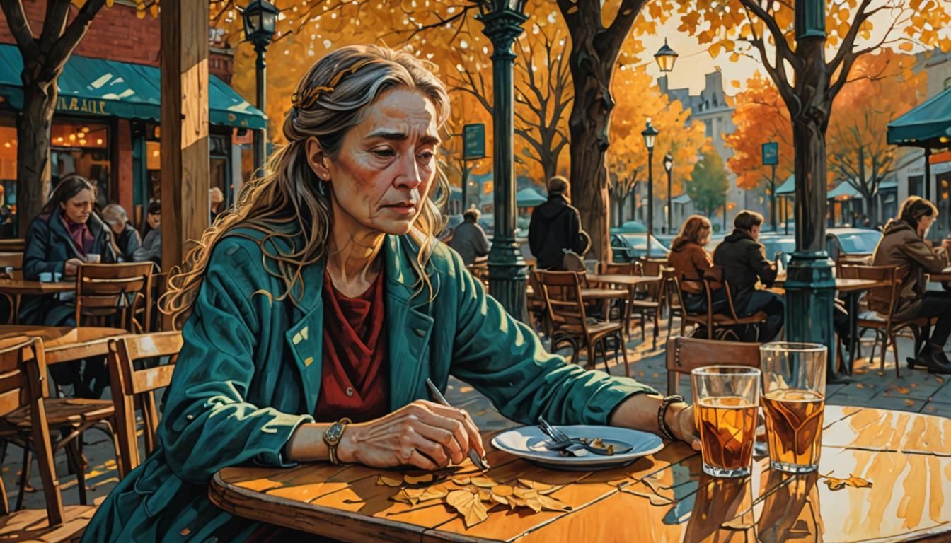 Melancholy Woman at Cafe, Autumnal Sunset Painting