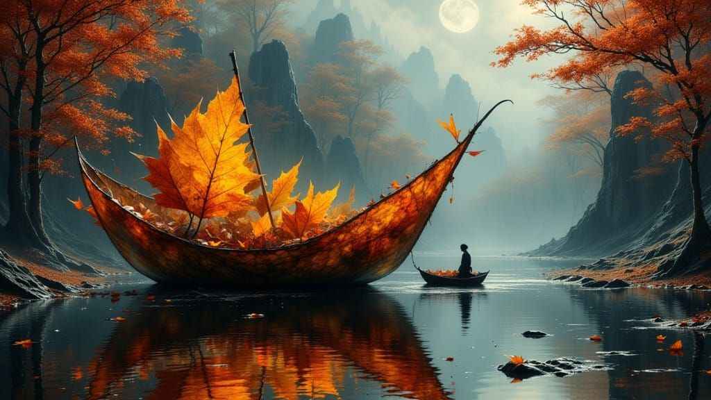 Colossal Boat Carved from Autumn Leaves