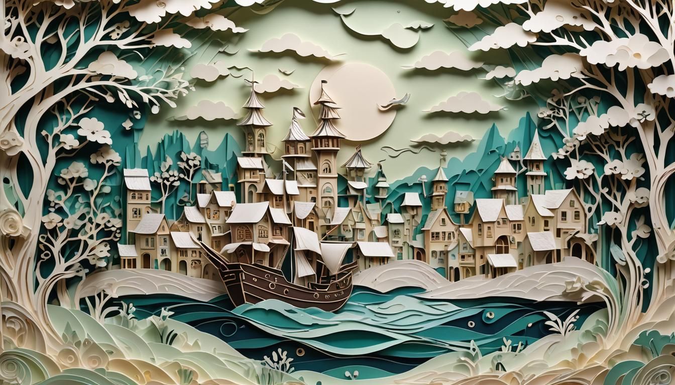 Art Deco Paper Cut Village in 3D Style