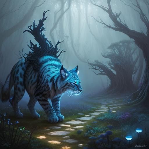 Lynx in Misty Forest: Whimsical Fantasy Concept Art
