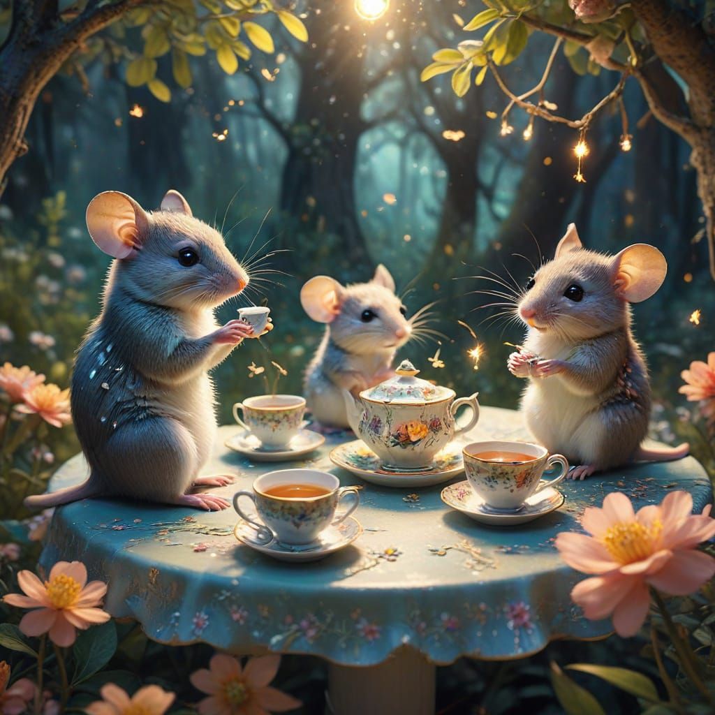 Whimsical Fantasy Illustration of Mice Having Tea in Enchant...