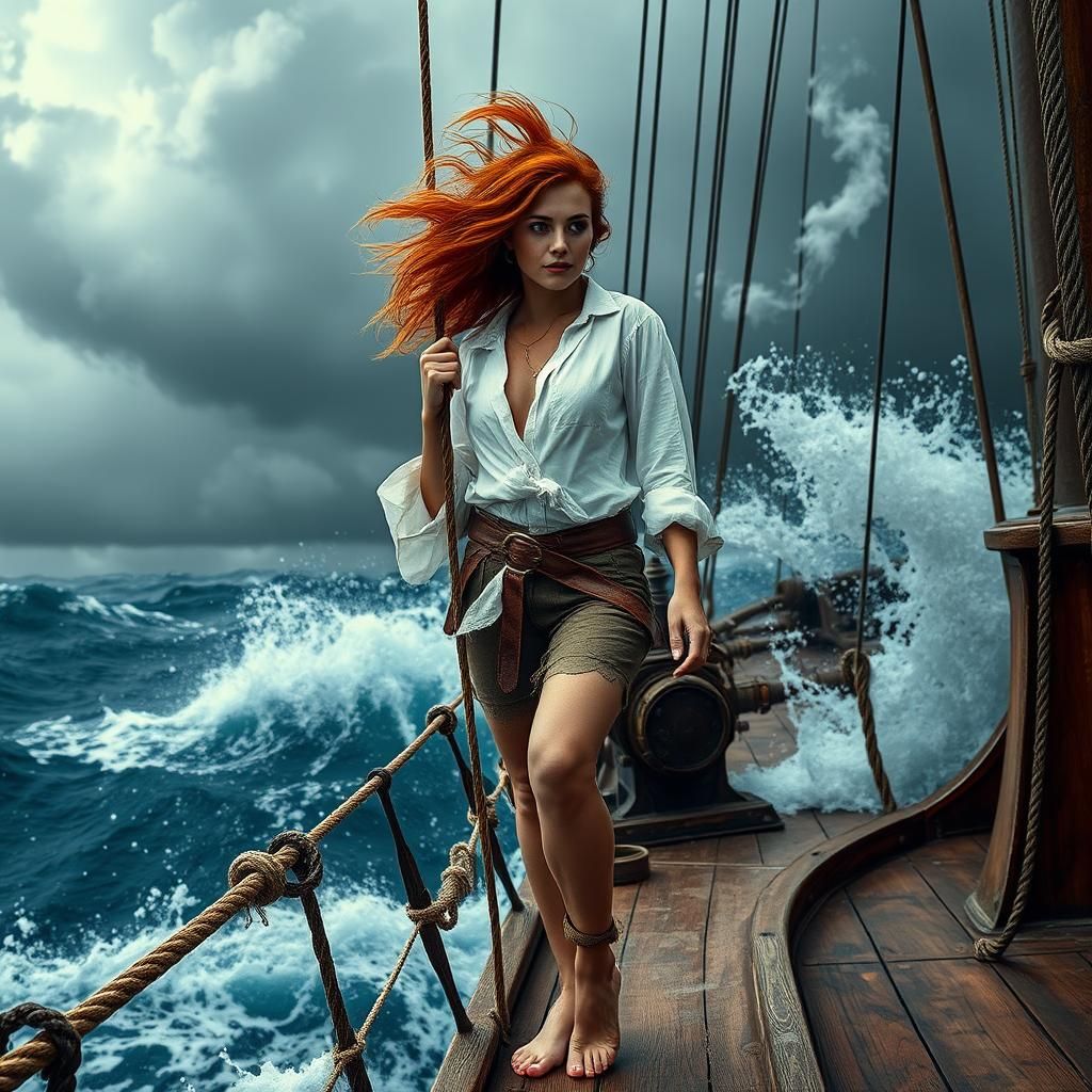 Steampunk Woman on Ship Amidst Storm