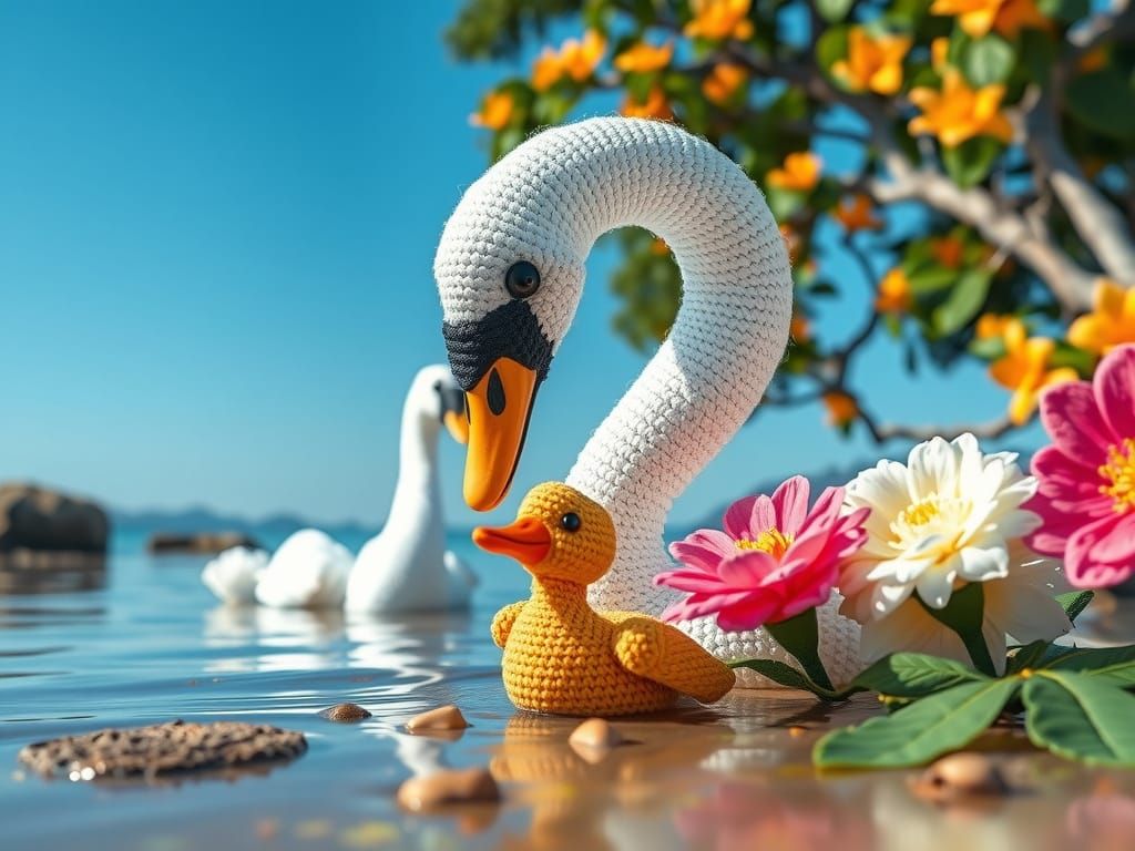 Vibrant Iridescent Swan in Fantasy Beach Scene