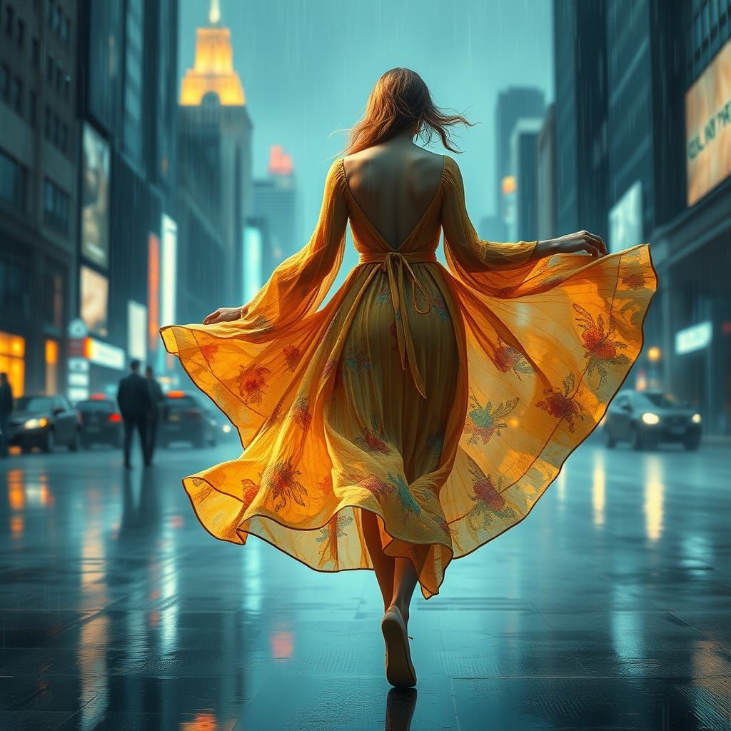 Woman in Impressionist-Inspired Dress, Shimmering in Rain-So...