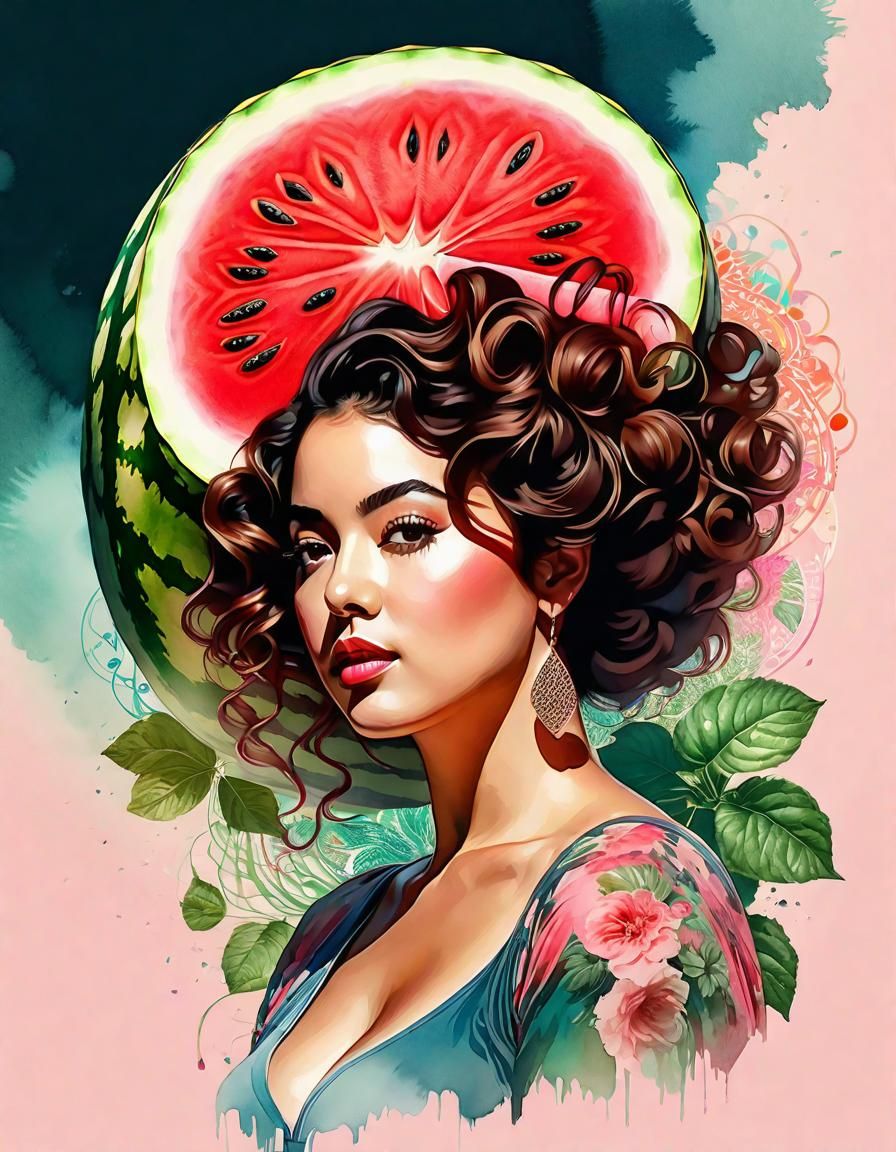 Palestinian Woman with Watermelon in Watercolor Style