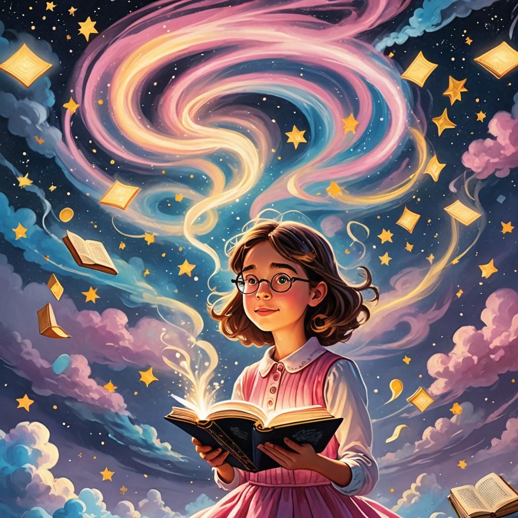 Whimsical Girl with Glowing Book, Dr. Seuss Style