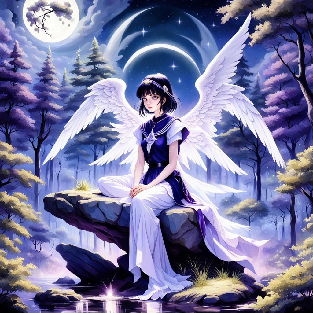 Sailor Saturn sitting on a rock in a forest with a full moon, beautiful angel, of beautiful angel, very beautiful fantas...