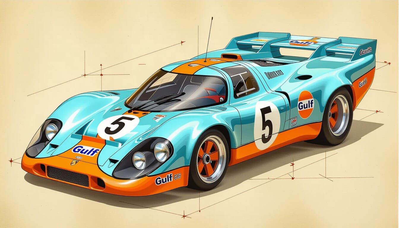 Porsche 917K Technical Drawing in Da Vinci Style