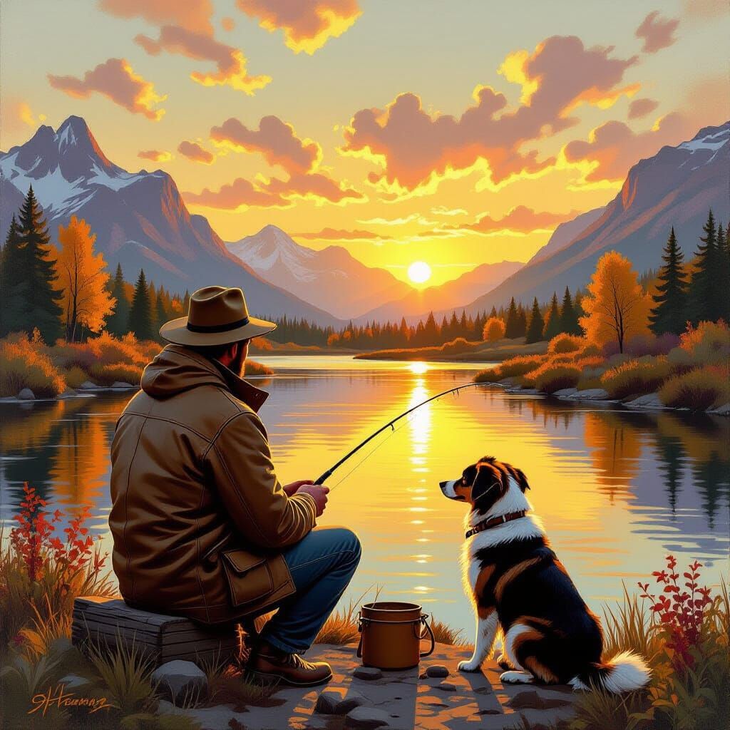 Man Fishing by River at Sunset, Autumn Landscape