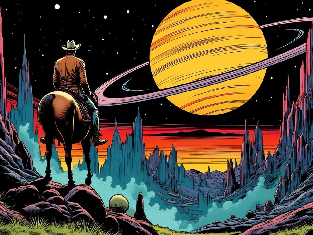 Classic Western Meets Cosmic Frontier in Bold, Graphic Style