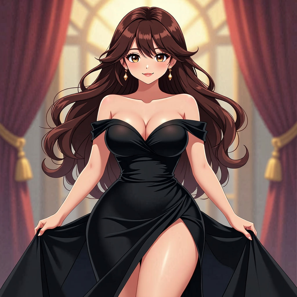 Anime Girl in Black Dress, Cel-Shaded Style