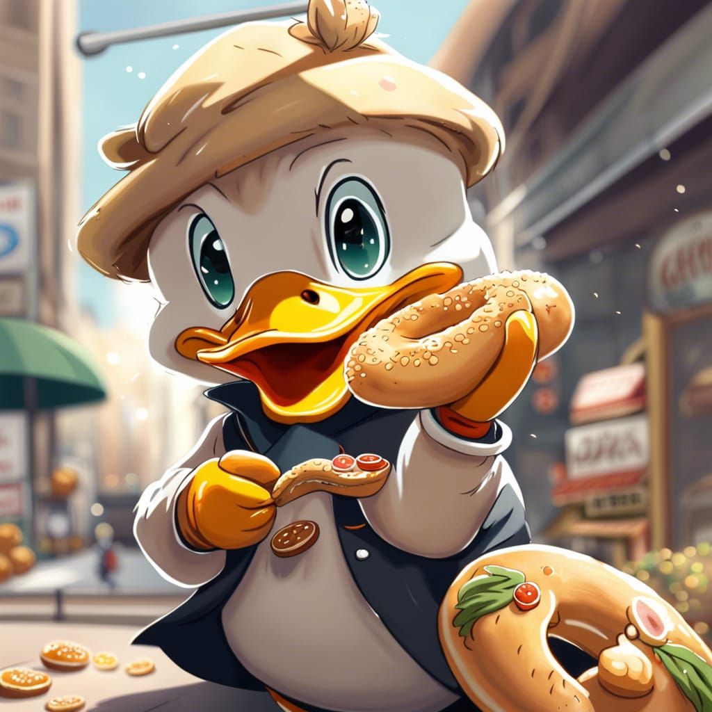 Cartoon Duck Enjoying Bagel in Anime Style