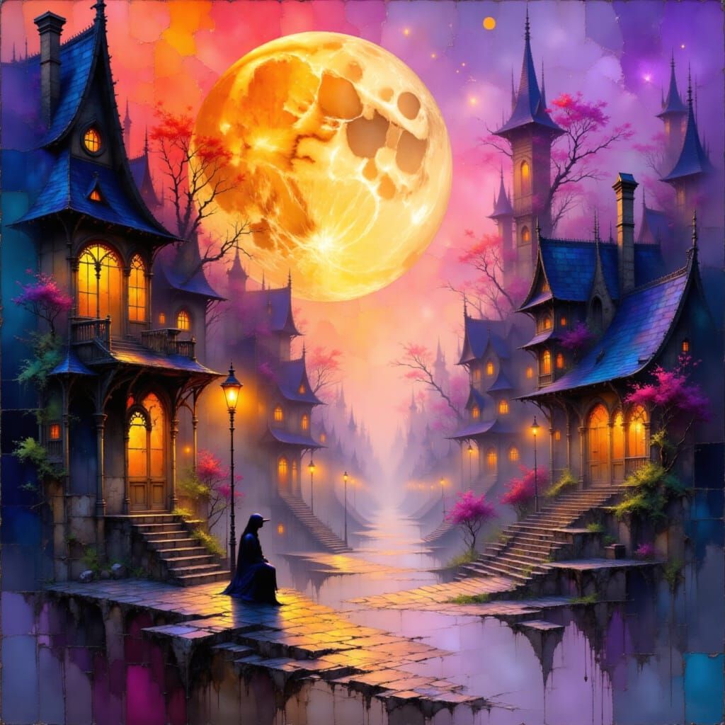 Neo-Gothic Village Street in Swirling Fog at Golden Hour