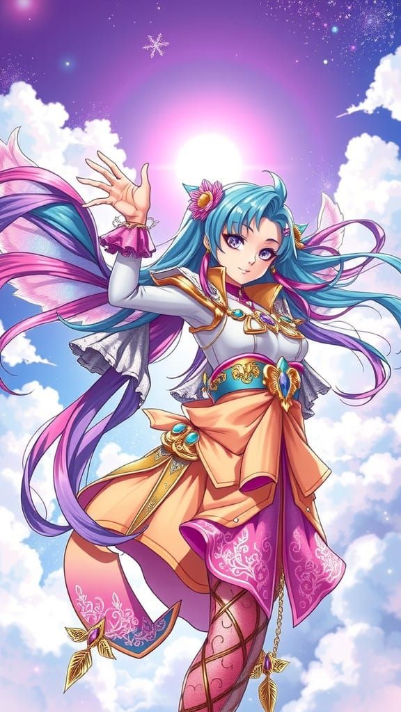 Pastel Magical Girls Soar in a Vibrant Dreamlike Sky