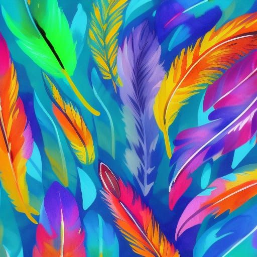 Neon Feathers in Impressionist Gouache Style