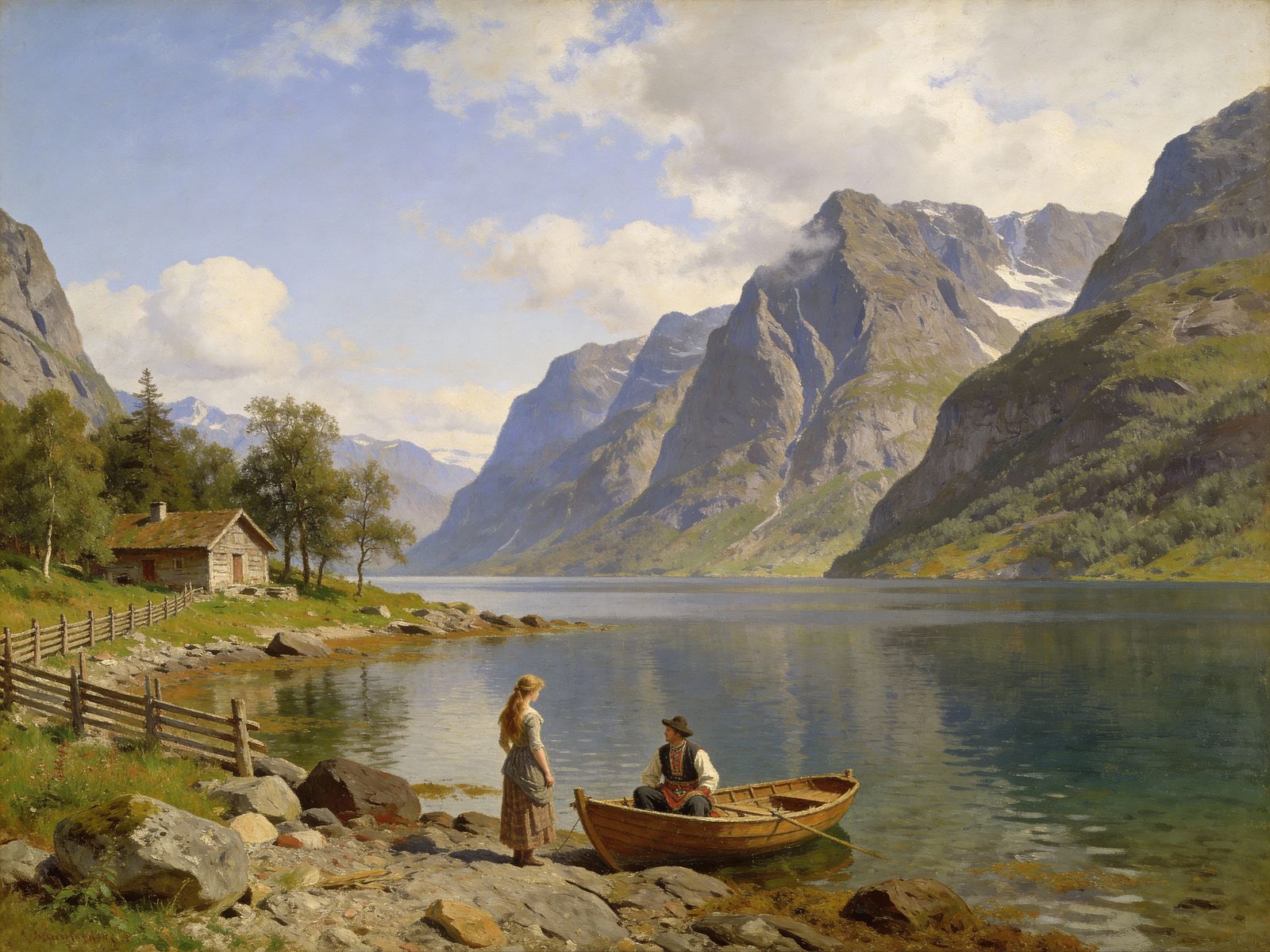 Serene Fjord Landscape Painting with Figures