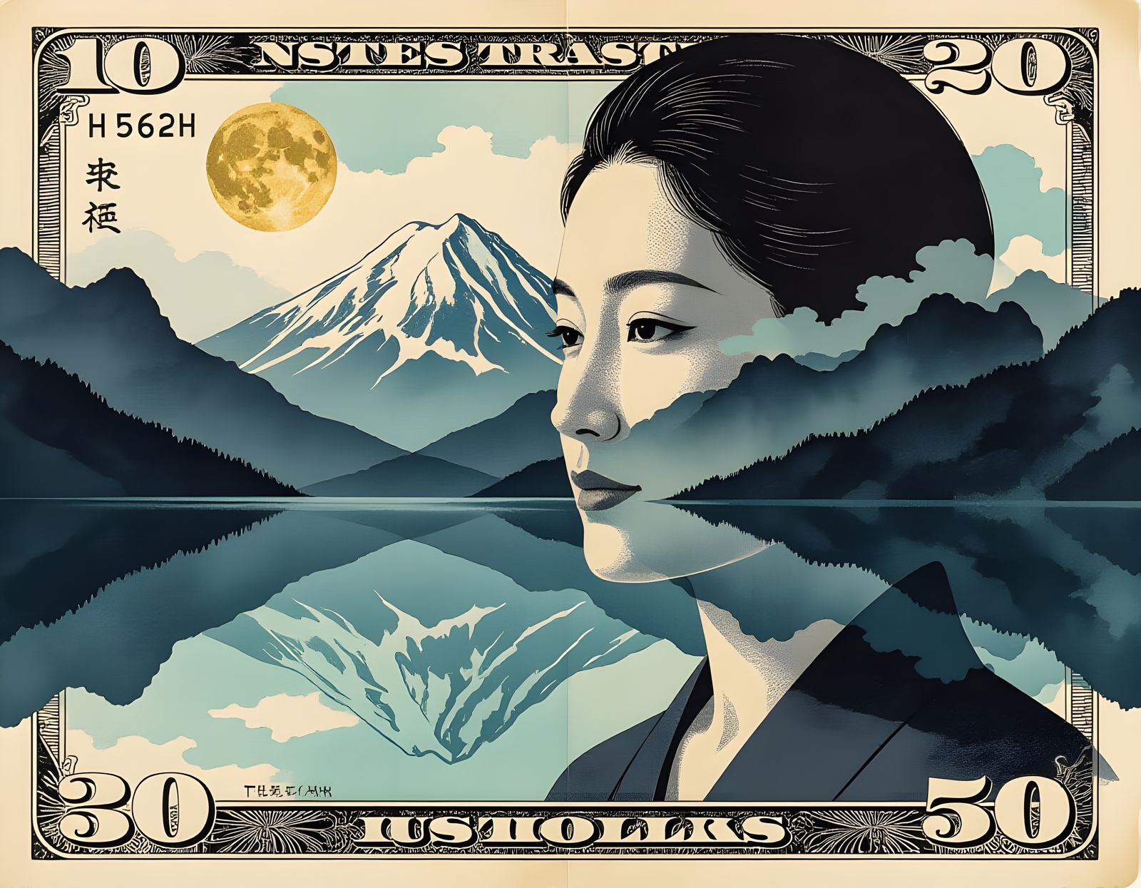Mountain Lake Landscape on US Banknote in Sumi-e Style