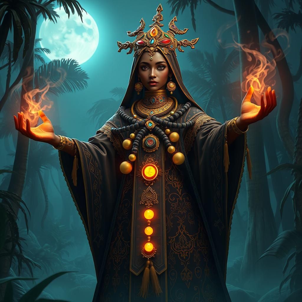 Yoruba Shaman Summons Undead in Moonlit Forest