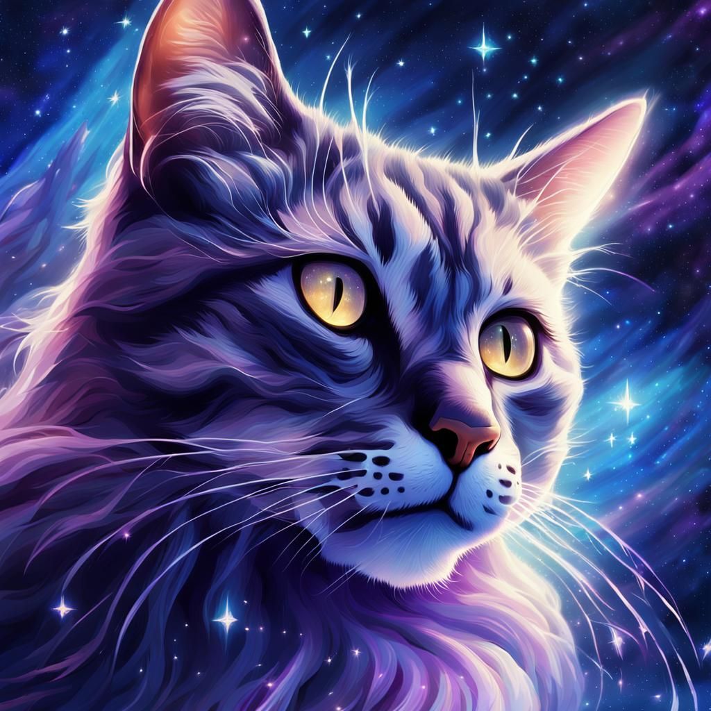 Cat's Spirit Ascending into Starry Night Sky