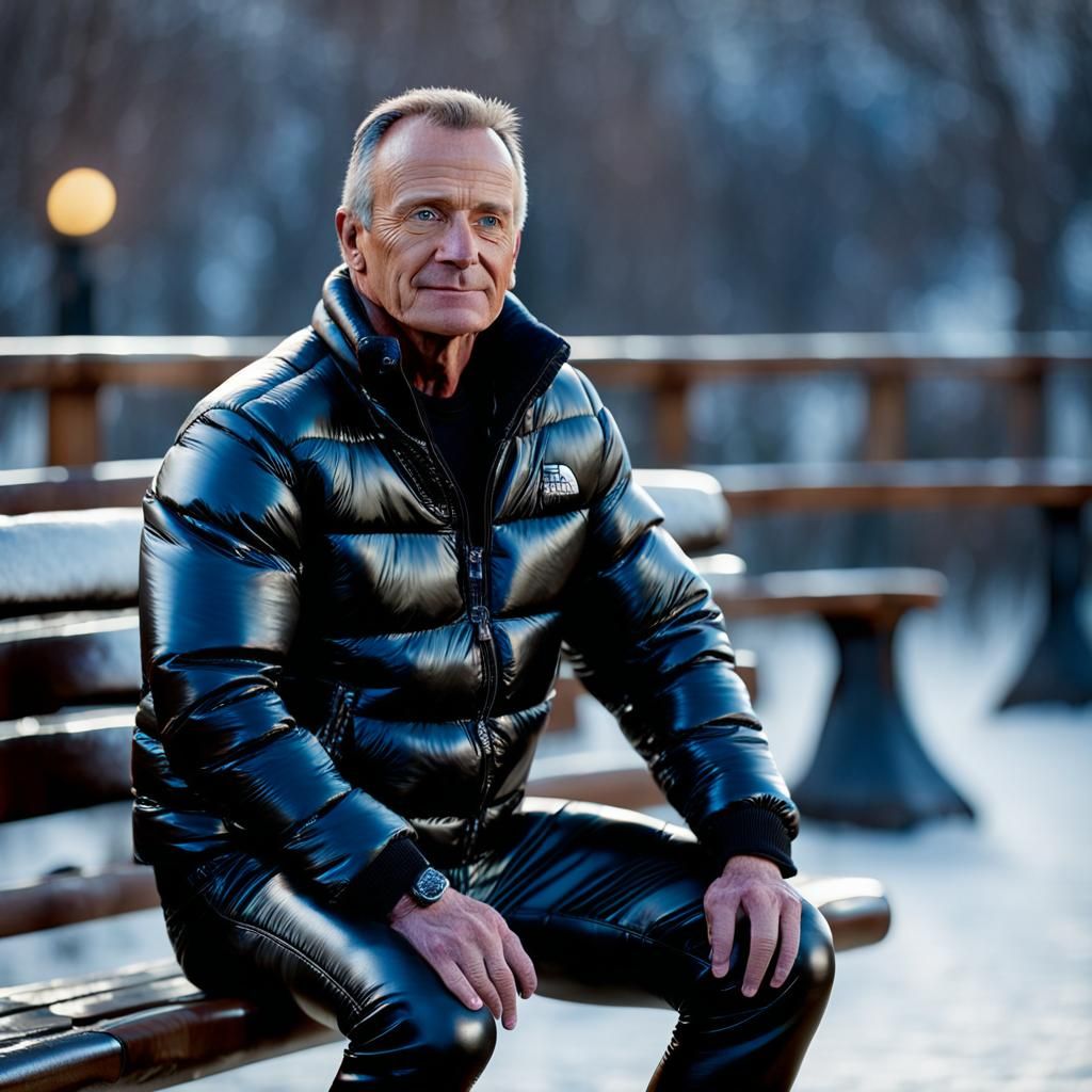 Muscular Man in Leather Trousers Sitting on Bench