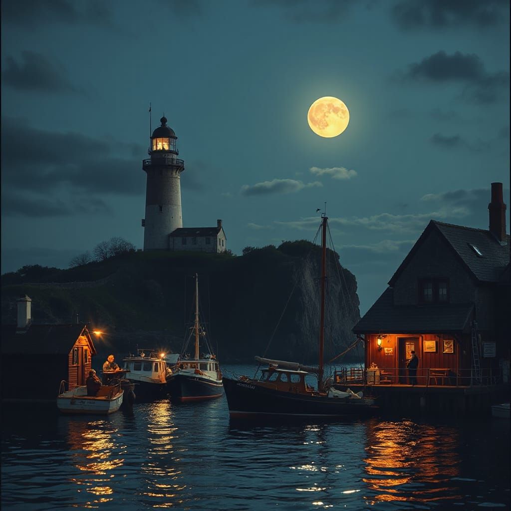 Lonely Fishermen's Pub Under Moonlit Lighthouse