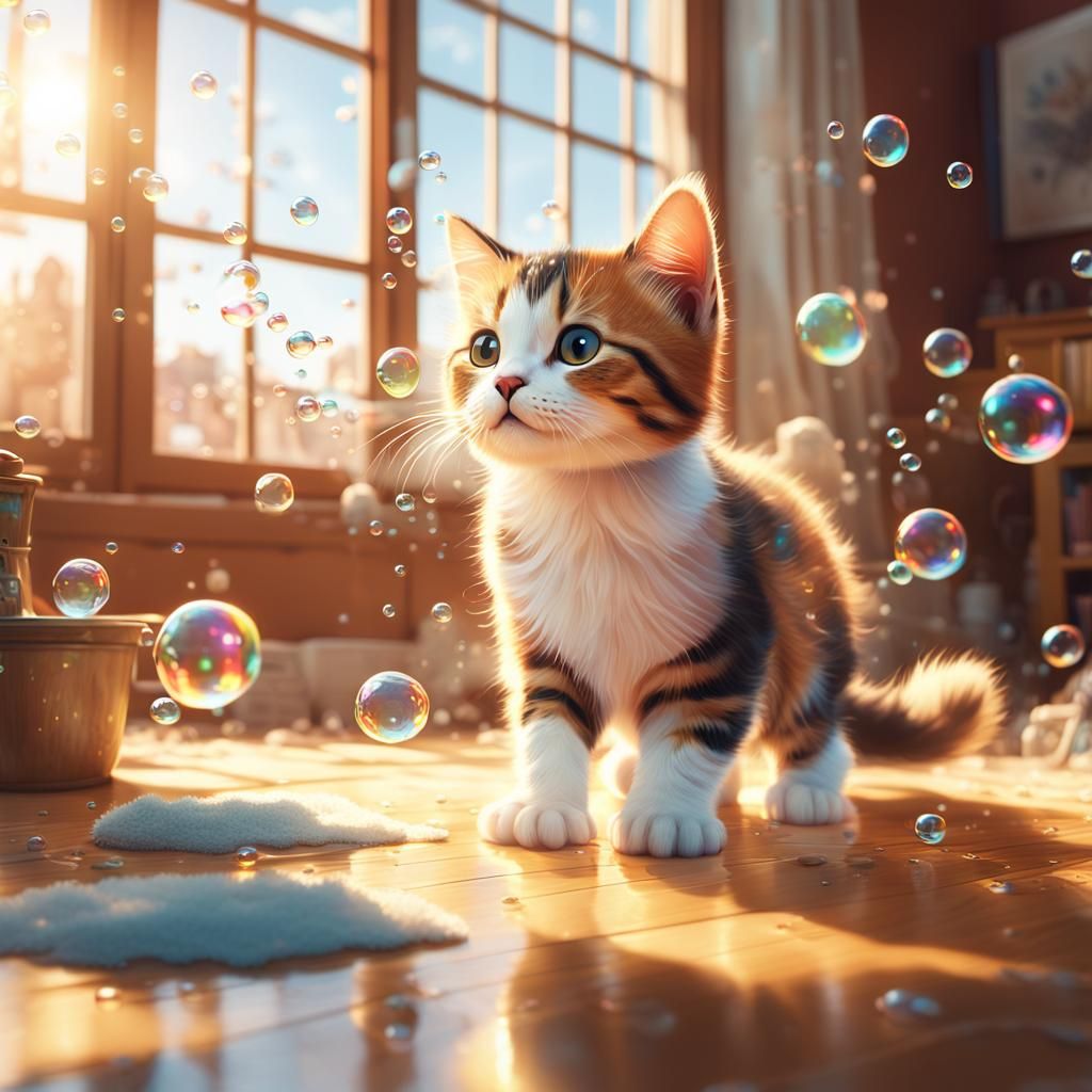 Calico Kitten and Bubbles in Digital Painting
