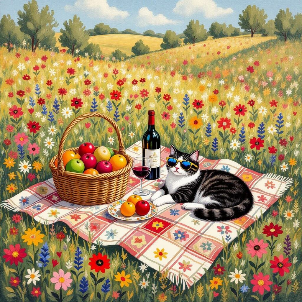 Picnic with Cat in Persian Miniature Style