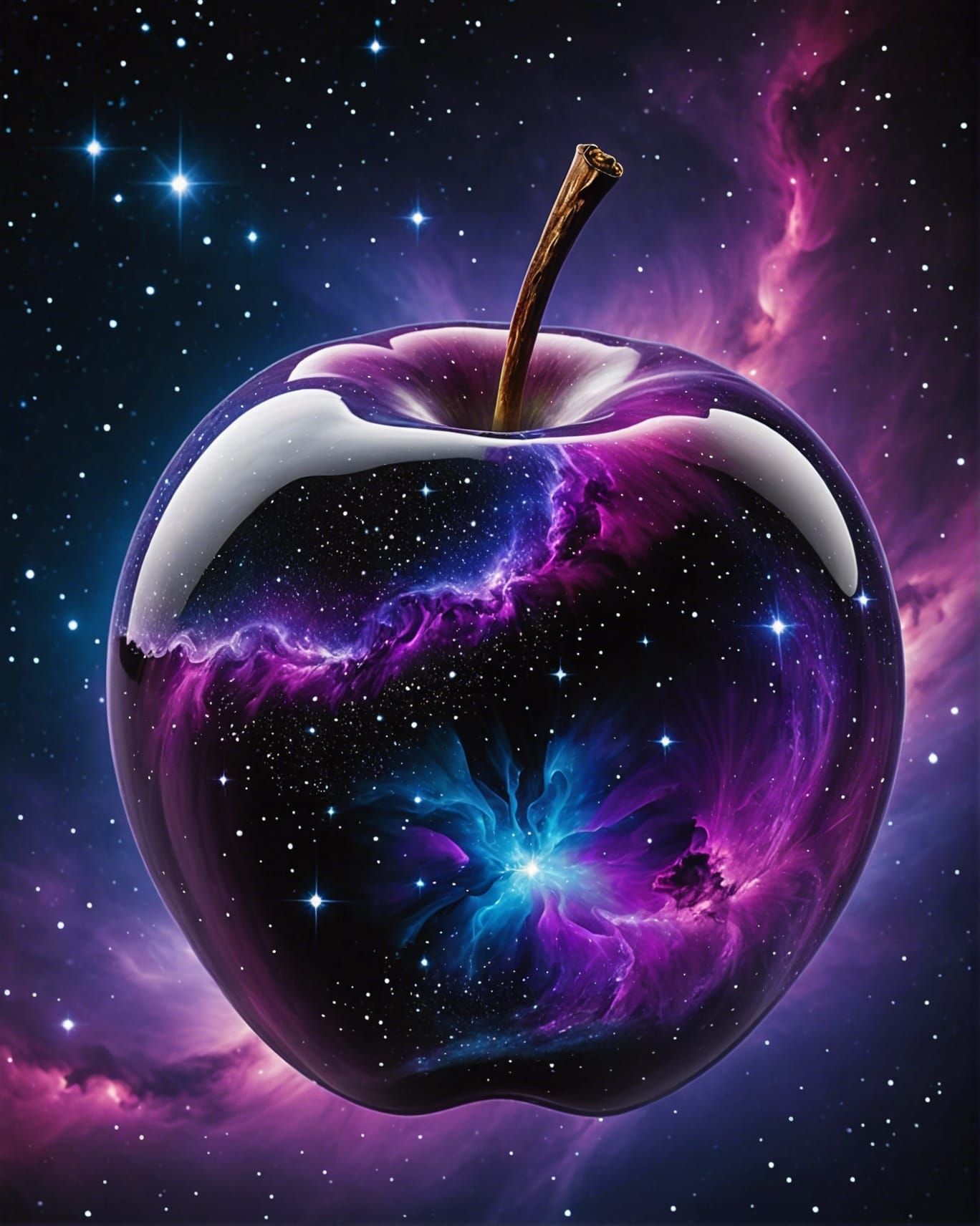 Nebula-Filled Glass Apple Floating in Space