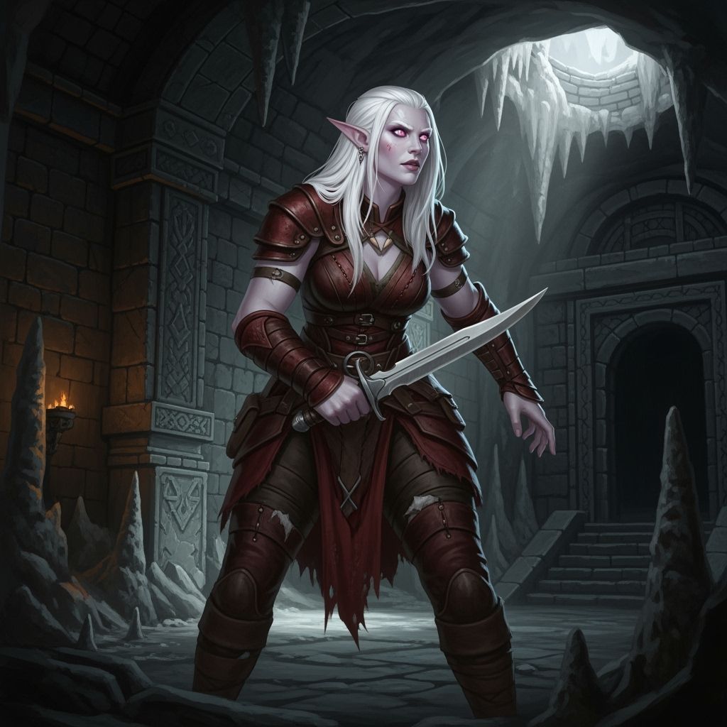 Albino Elf Warrior Searches Dark Cavern with Knife