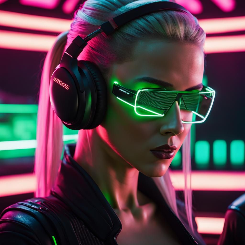 Cyberpunk DJ Girl in Neon Cityscape