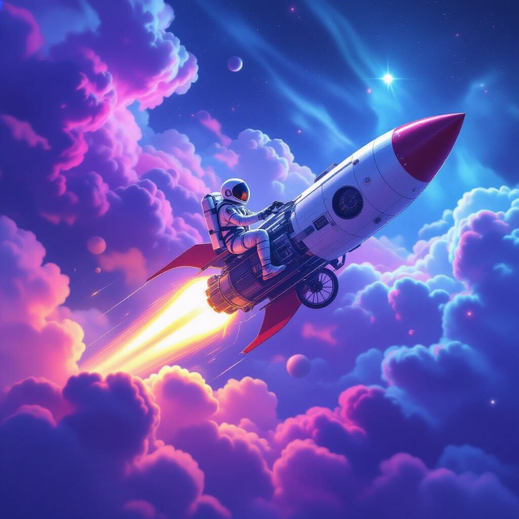 Bicycle Rocket Soaring Through Space in Matte Style