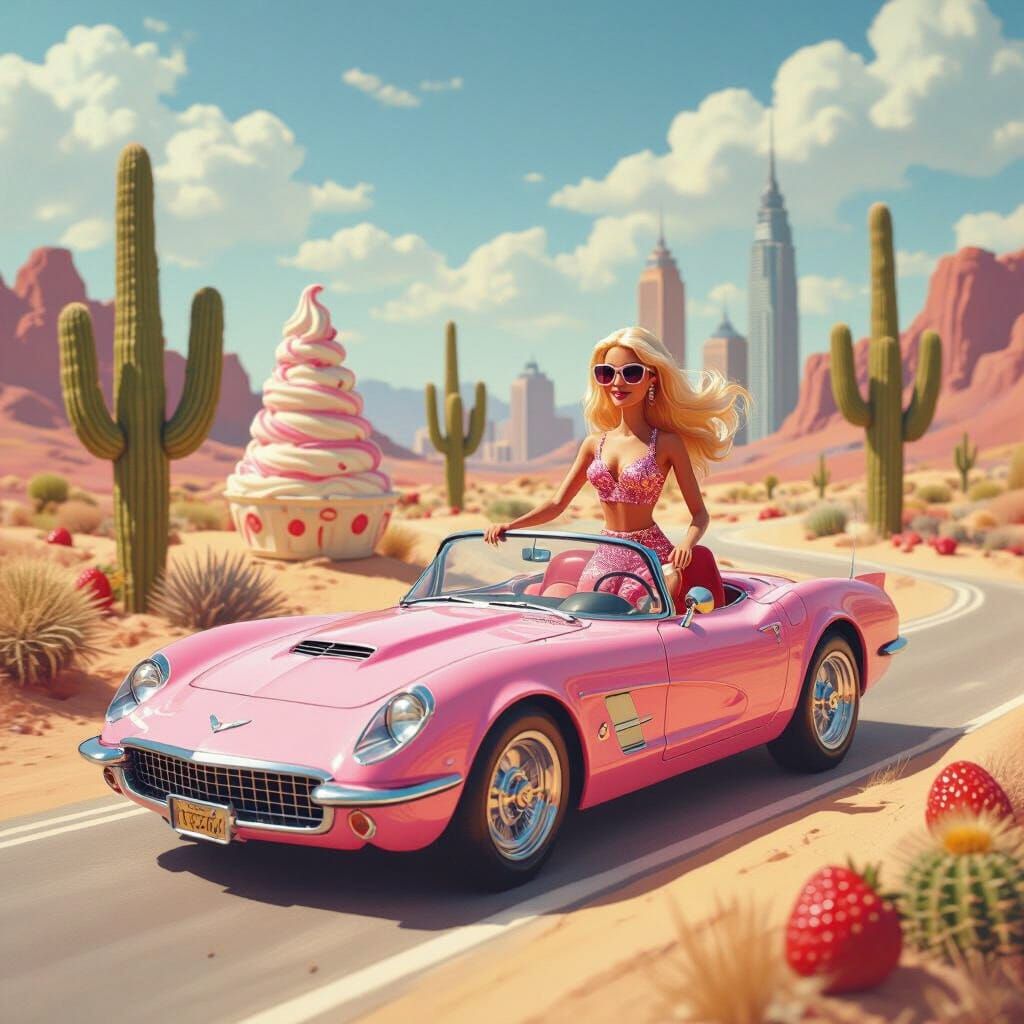 Barbie Drives Ice Cream Desert in Ukiyo-e Style
