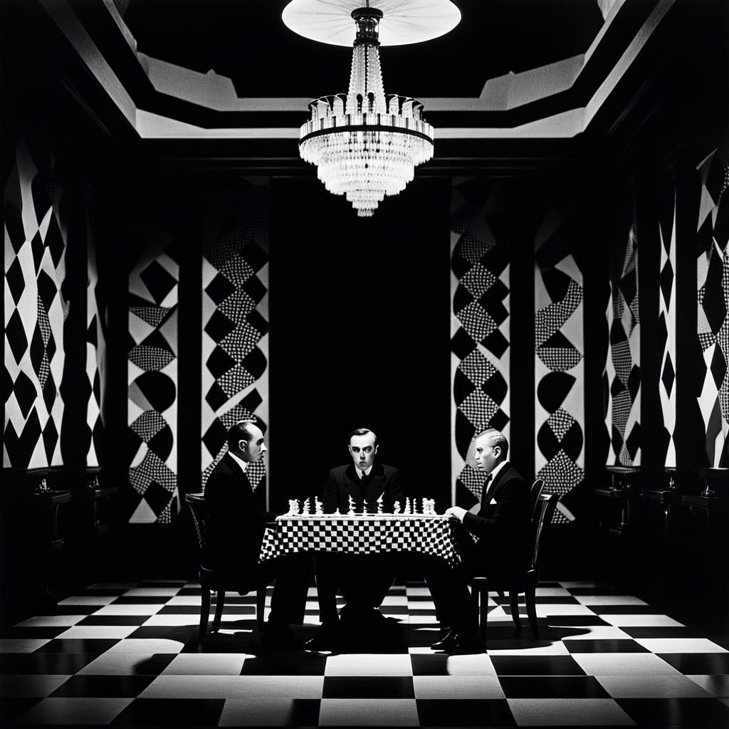 German Expressionist Chess Scene in Film Noir Style
