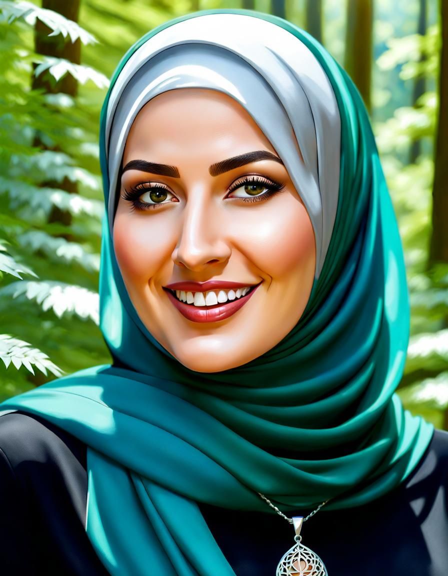 Elegant Hijabi Woman in Forest, Oil Painting