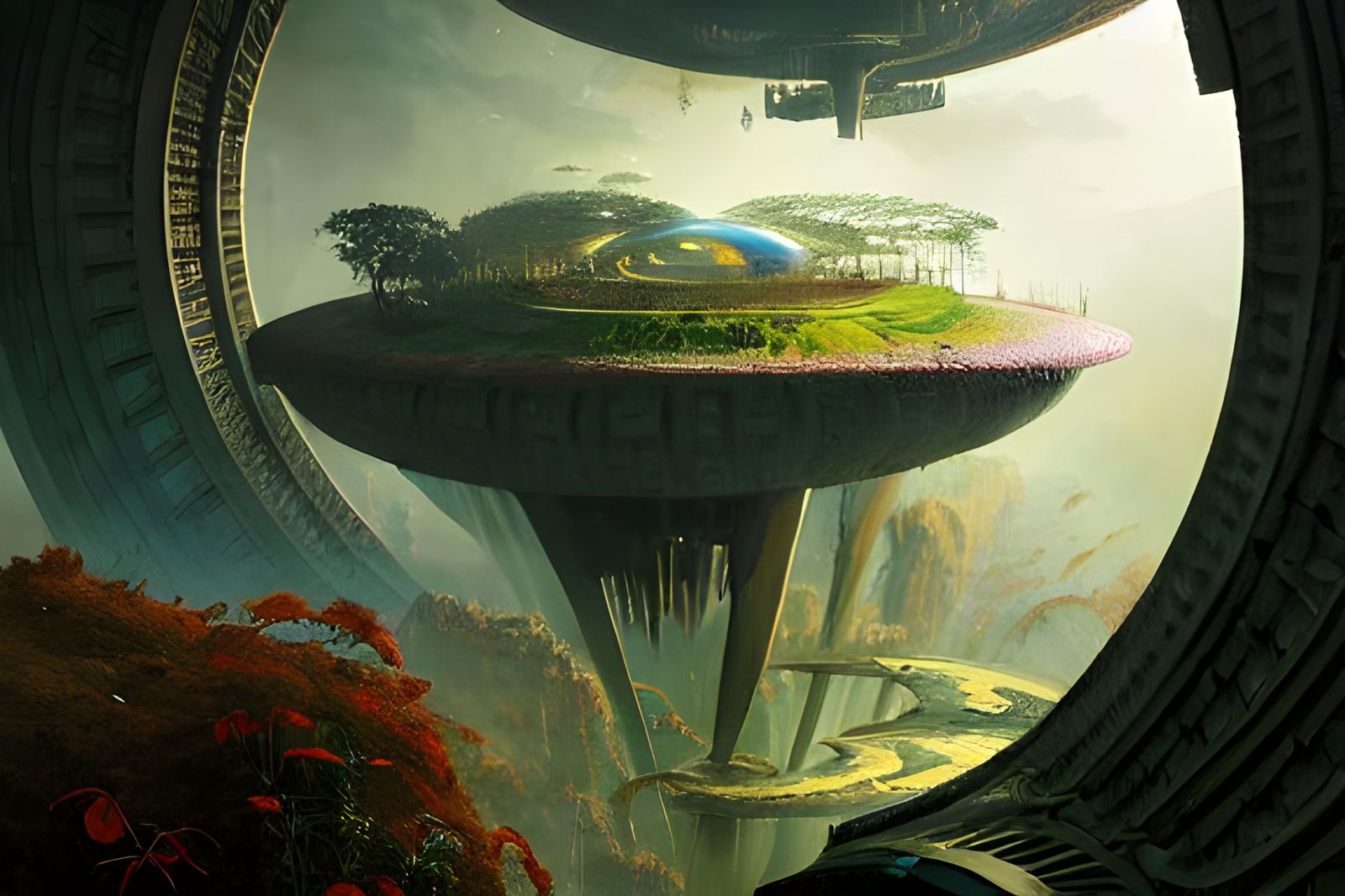 Steampunk Ringworld in Lush Landscape