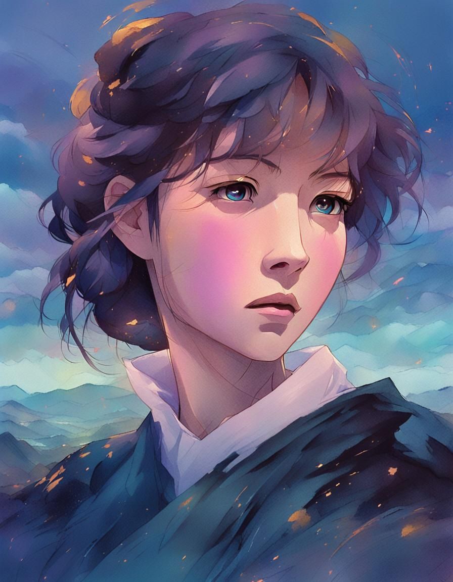 Anime Woman Overlooking Landscape in Studio Trigger Style