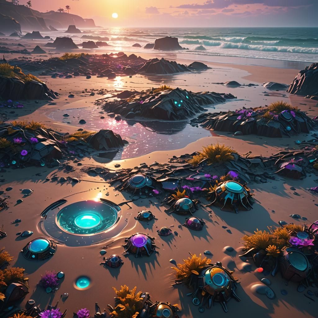 Psychedelic Beach with Foggy Sun in Dystopian Sci-Fi