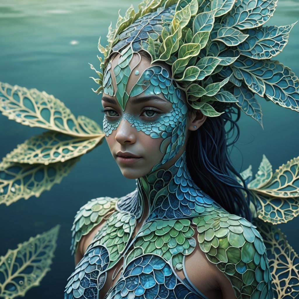 Blue Scaled Human Hybrid in Abstract Fractal Style