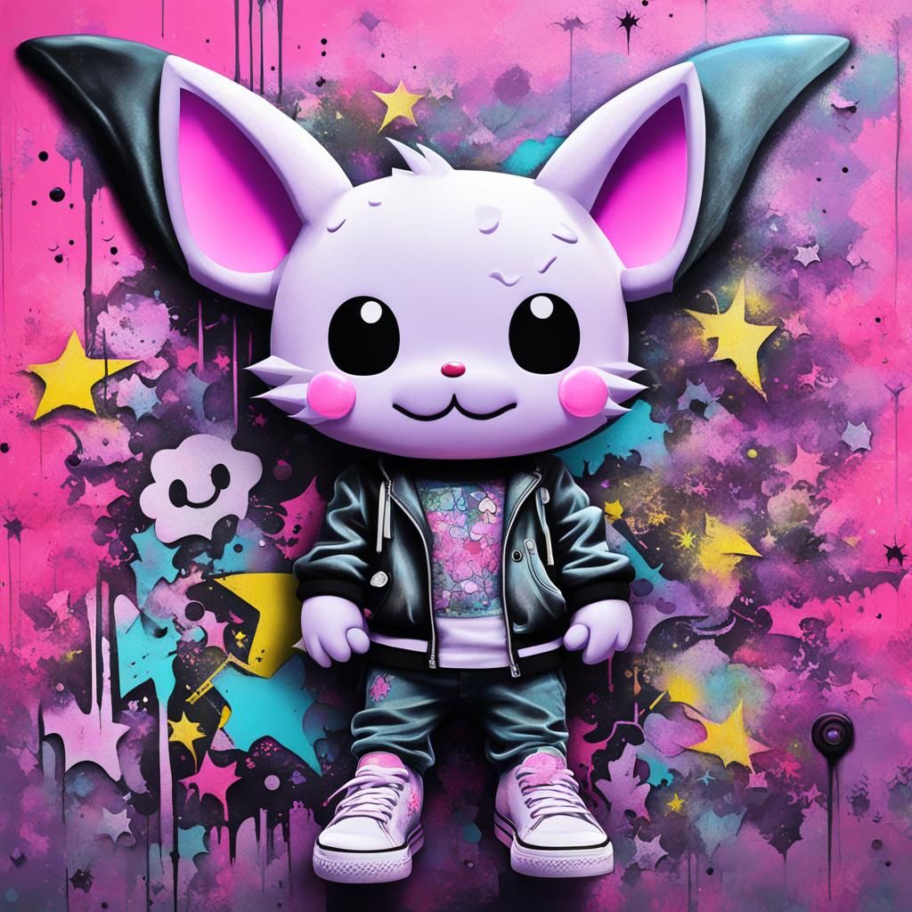 Pastel Goth Sanrio Bat Mural on Urban Wall