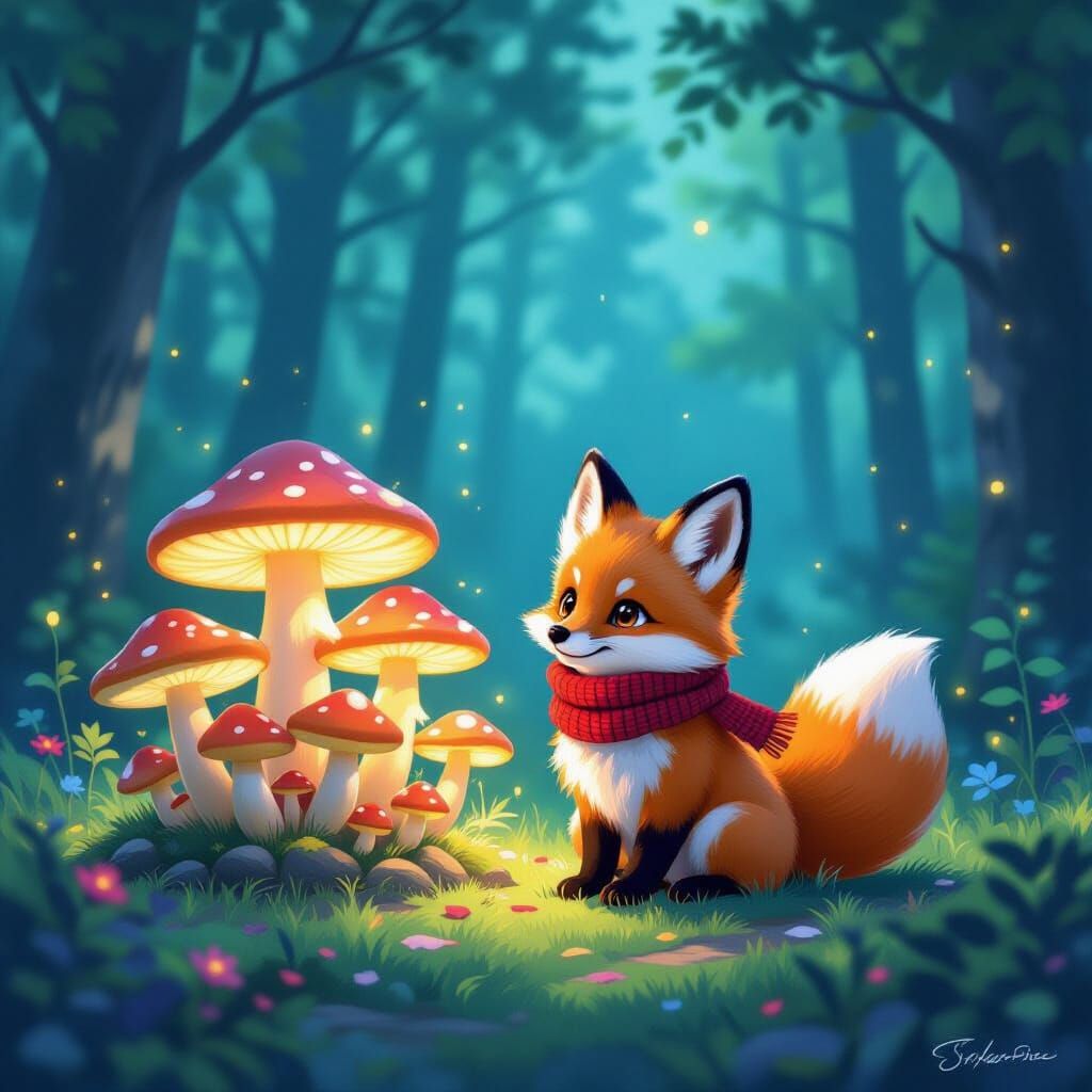 Fluffy Fox Kit and Glowing Mushrooms in Enchanted Forest