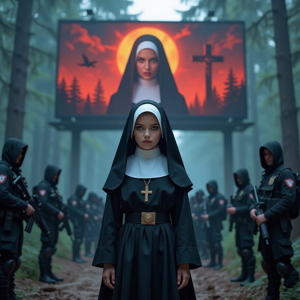 Nun-like Girl with Metal Band in Dark Biological Style