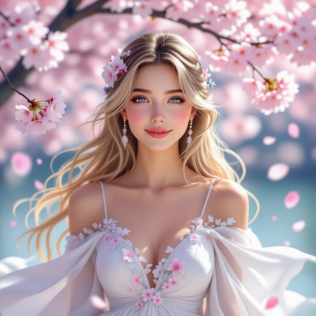 Woman in Blossoms: Ethereal Art Inspired by WLOP