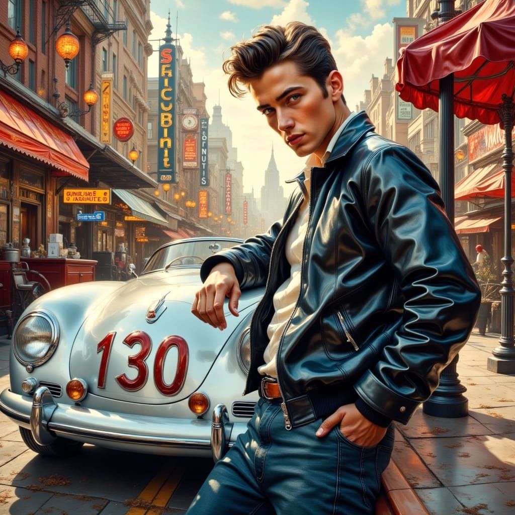 1950s Man and Silver Porsche in Impasto Oil Painting