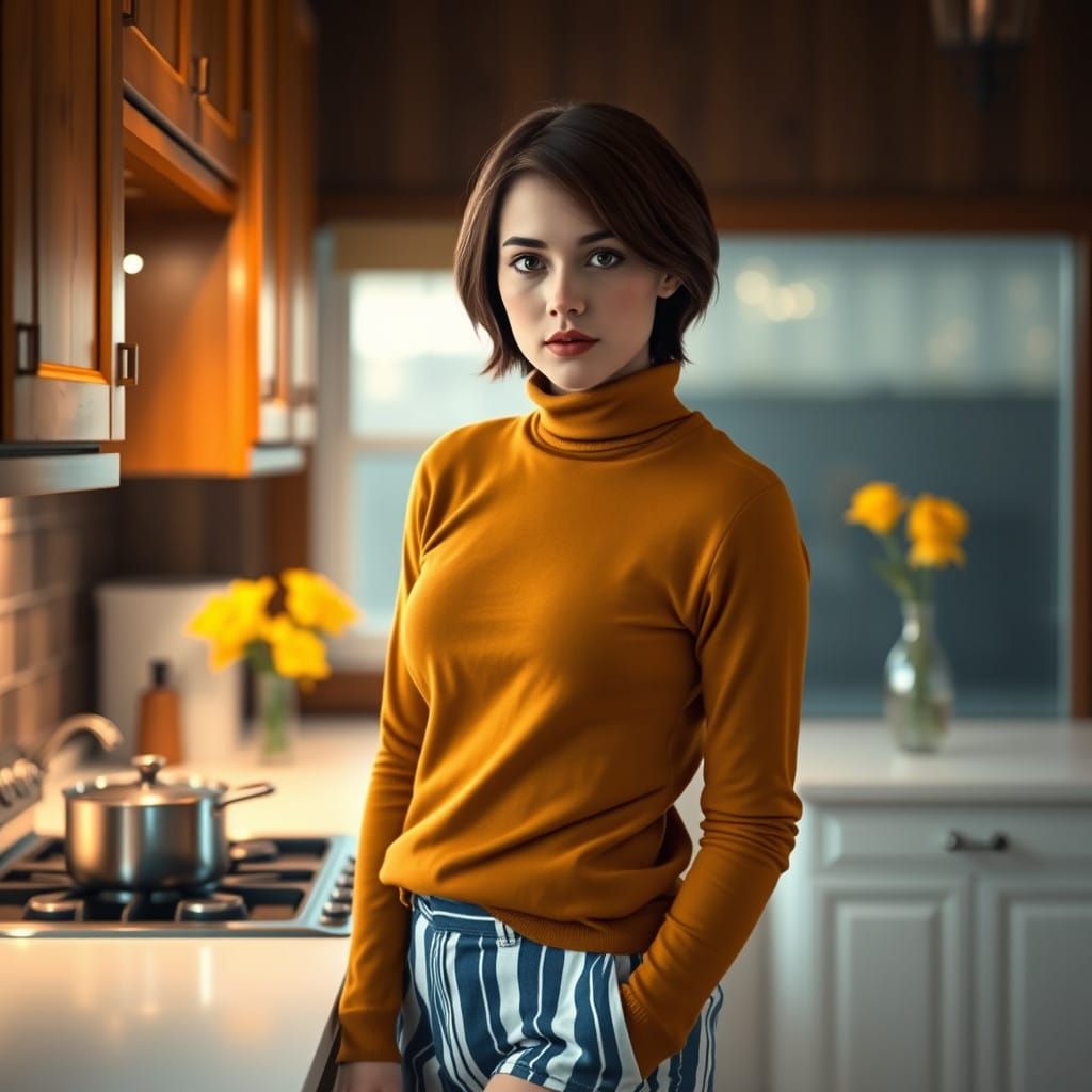Elegant Woman in Cozy Kitchen Setting, Hyperrealistic and Su...