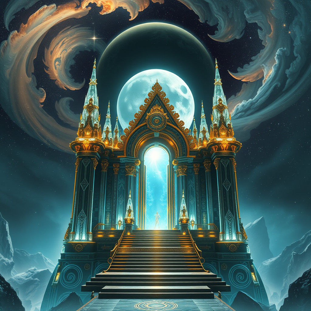 "A grand temple floating in space, surrounded by nebulae and...