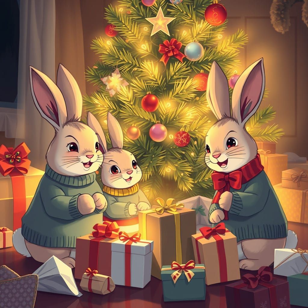 Joyful Rabbit Family Celebrates Christmas in Vibrant Anime S...
