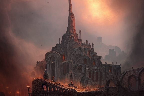 Burning Ancient City Ruins in Dark Fantasy Style