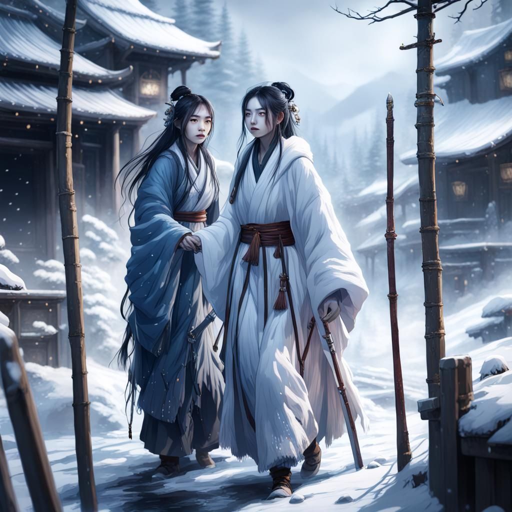 Yuki Onna Helping a Lost Traveler: Detailed Matte Painting