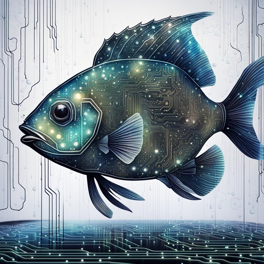 Circuit Board Fish in Rain of Code