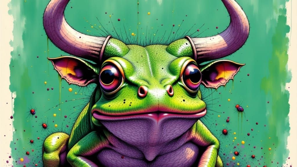 Surreal Bull Frog with Horns in Cow Print, Inked Art